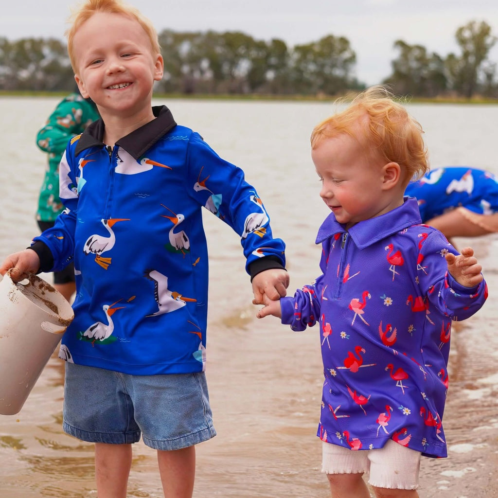Sun safe Kids fishing shirt with flamingo print 