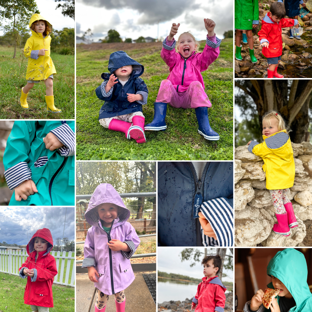 Kids wearing French Soda Raincoats outdoors 
