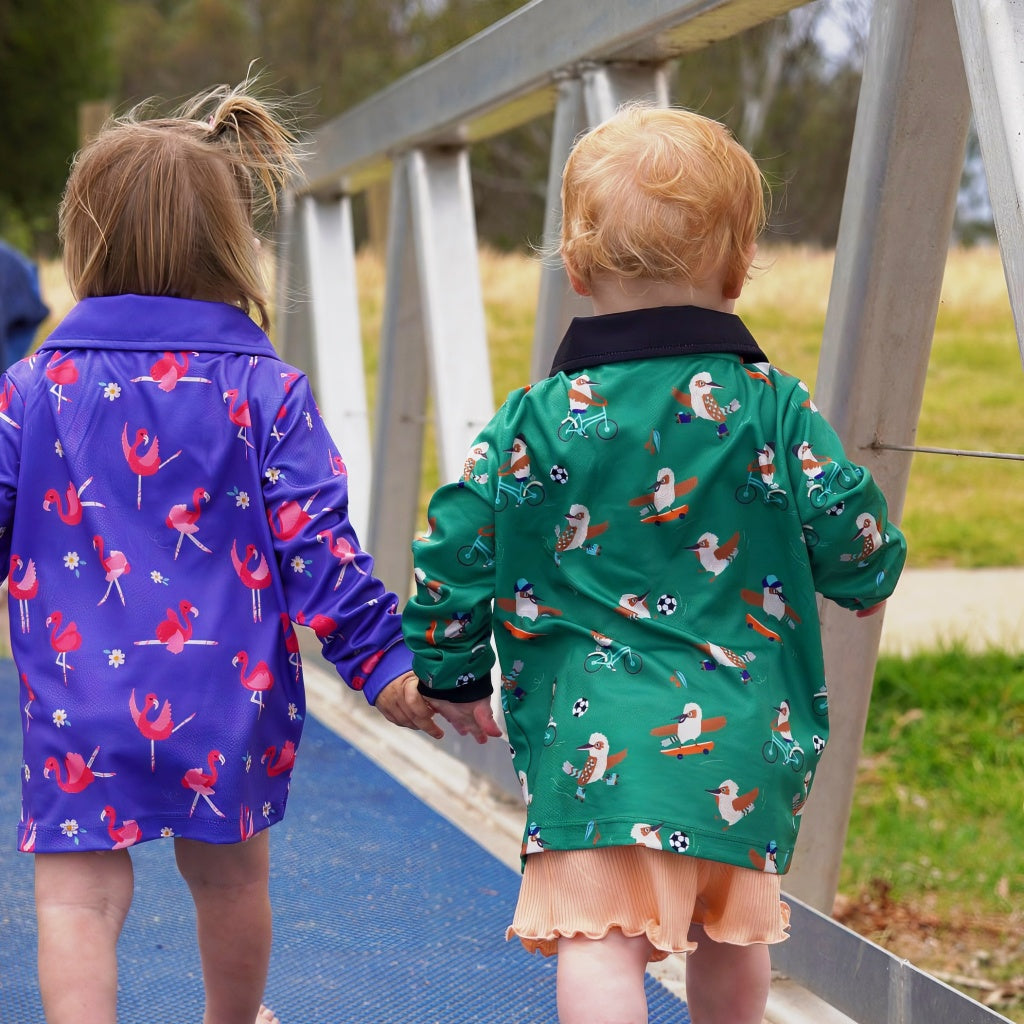 Fishing shirt with flamingo and kookaburra designs for toddlers and kids 