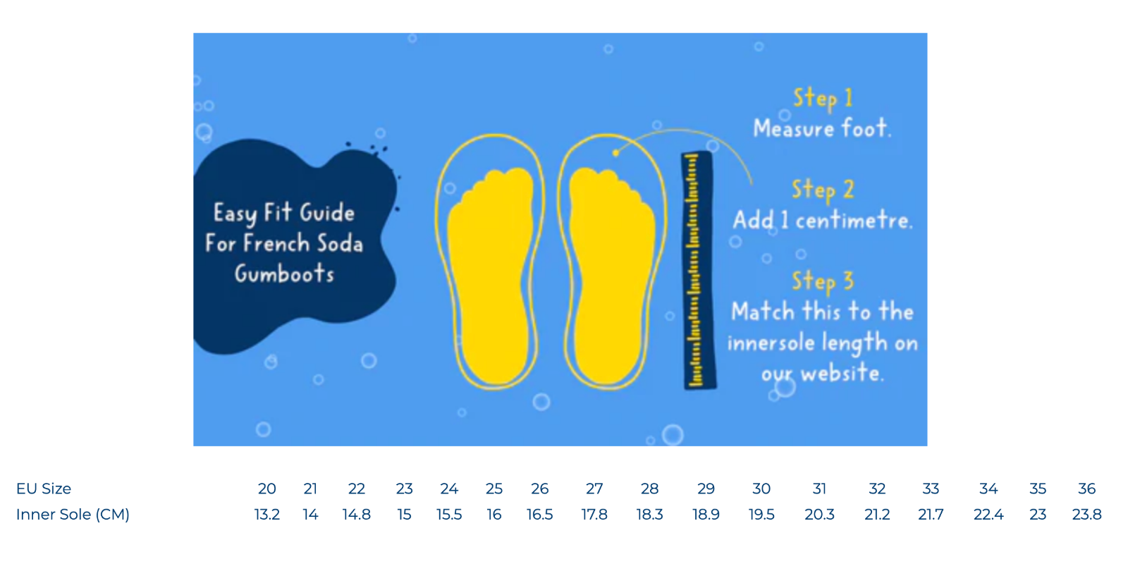 Kids gumboots size chart