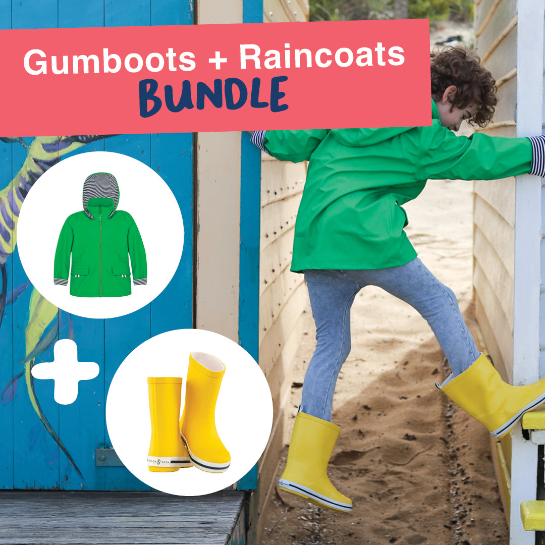 Kids gumboots and raincoat bundle